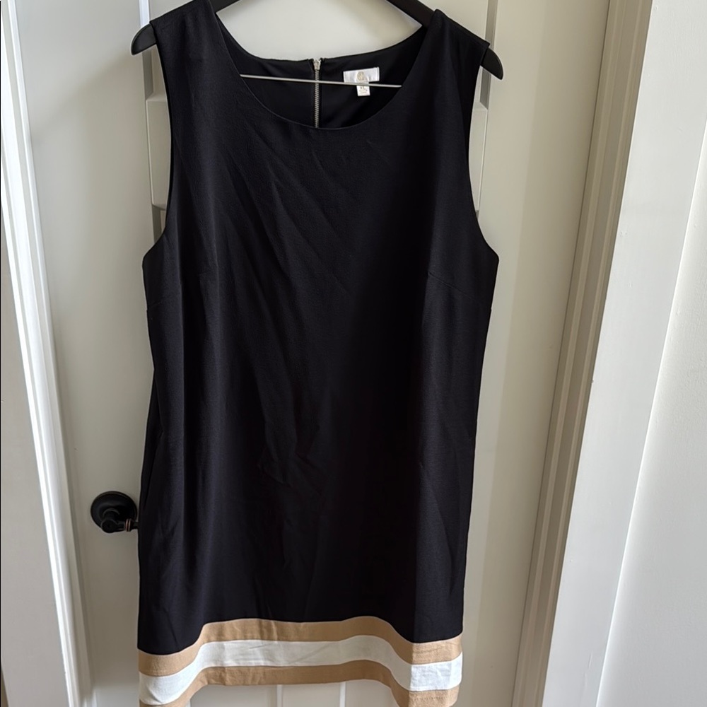 Black Sleeveless Shift Dress with Tan and White Hem